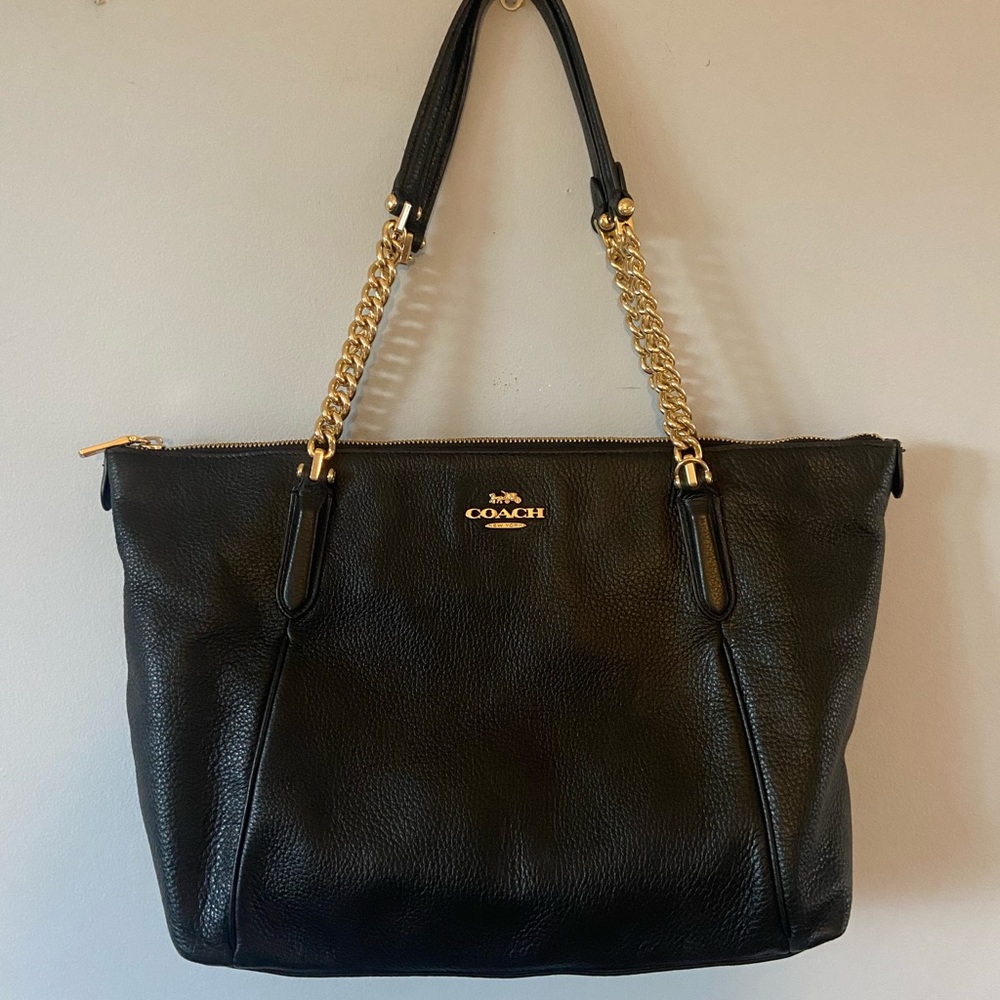 Coach leather handbag with gold chain accents